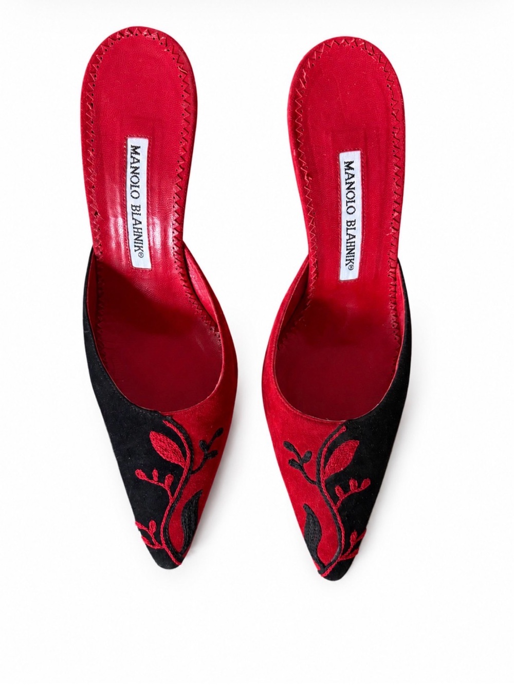 Manolo Blahnik Red and Black Embroidered Pointed-Toe Mules, vintage